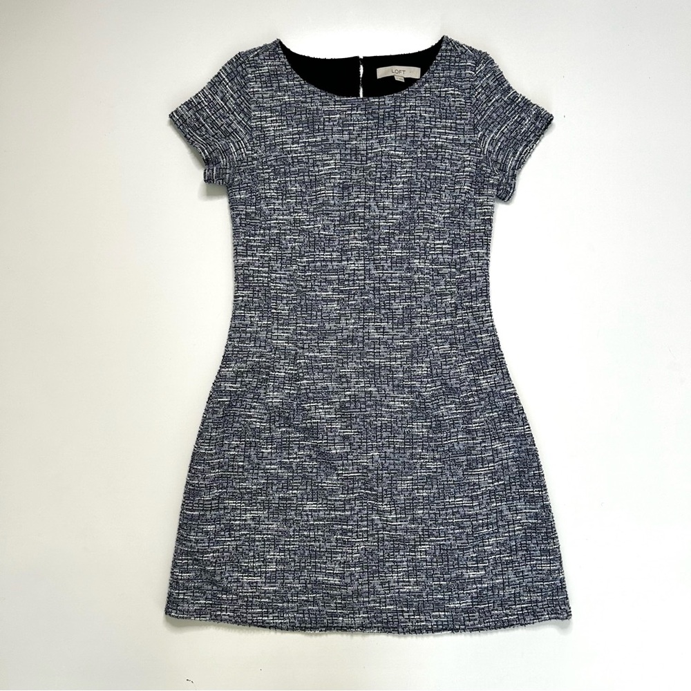 Ann Taylor Loft Women’s Open Back Cap Sleeve Blue Tweed Shift Dress Size 2